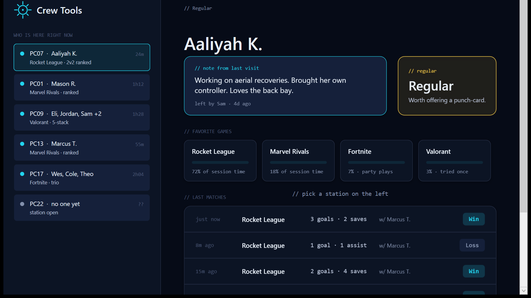 Helm crew tools showing a player profile