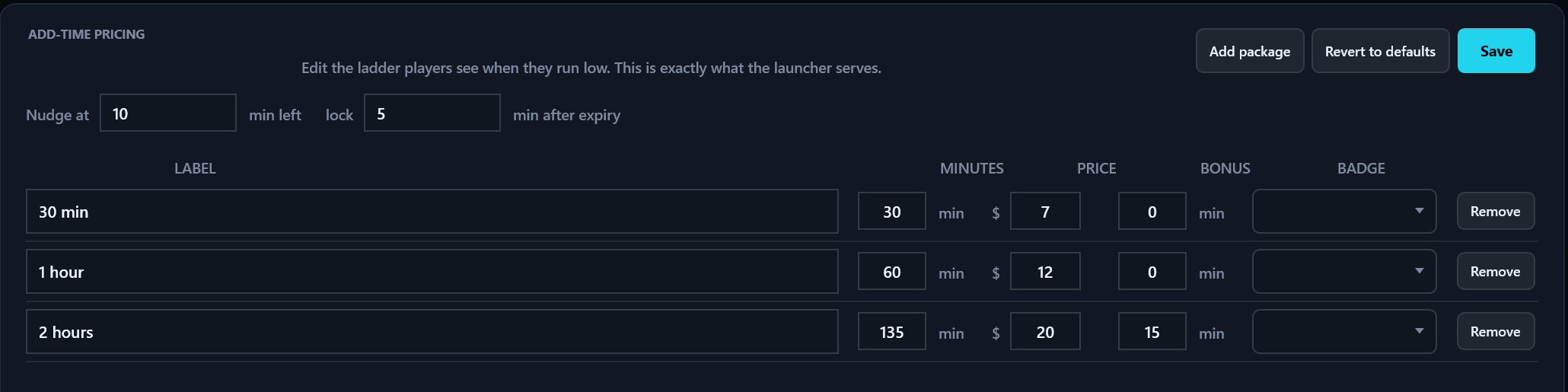 Helm operator pricing editor with the live package ladder